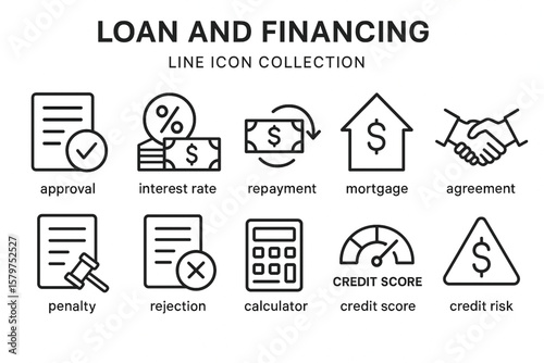 Loan and Financing Line Icon Set – Vector Illustration with Mortgage, Credit Score, Repayment, Approval and Interest Rate Symbols