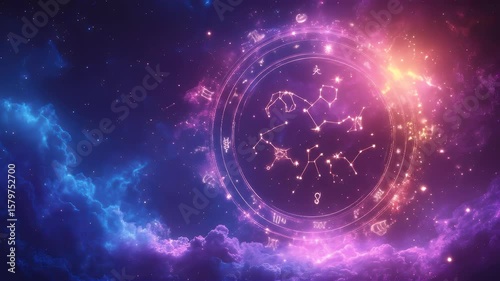 Cosmic artwork with vibrant nebulae and an astrological zodiac