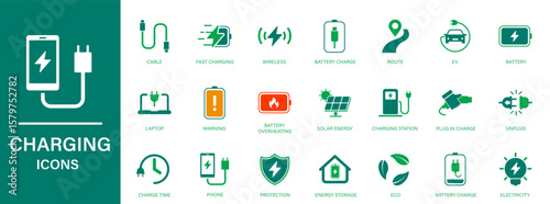 Charging icon. Containing fast charging, ev charging station, battery, electricity, charge time, phone, energy.