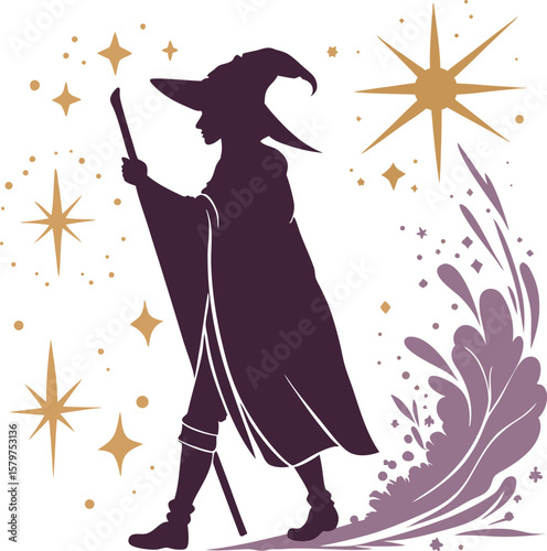 Witch with staff and magical stars wizard