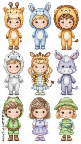 Adorable Toddlers in Pastel Animal Costumes A Charming Illustration