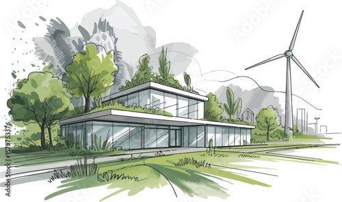 This sketch illustrates a modern, eco-friendly building seamlessly integrated with nature.