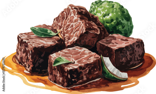 A watercolor illustration of beef Rendang, showing slow-cooked chunks of spiced beef with coconut and kaffir lime