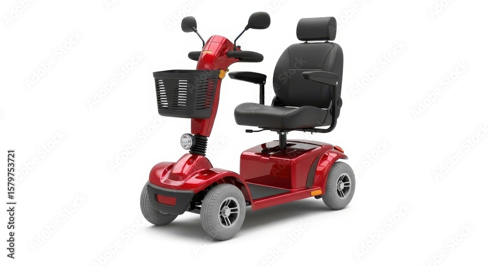 Fototapeta premium Shiny red four wheel mobility scooter with black seat and basket isolated on white background