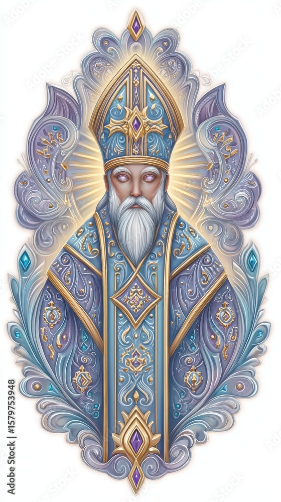 Fototapeta premium Serene Elderly Bishop in Ornate Blue and Gold Robe, Digital Painting