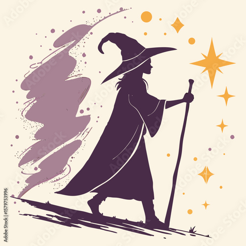 Silhouette witch with staff and stars cloak