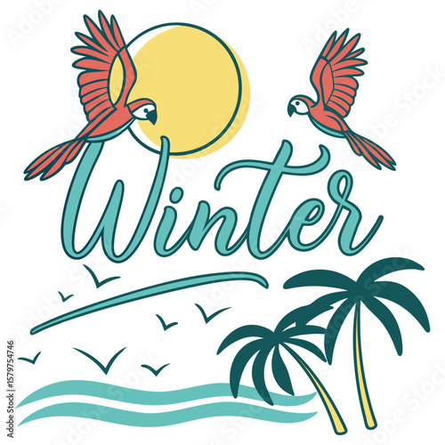 Tropical birds and palm trees with sun parrot macaw