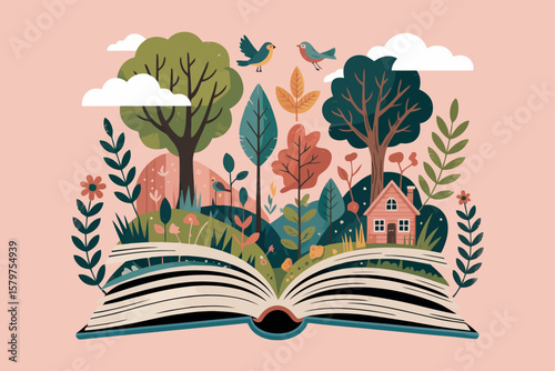 A whimsical book illustration: featuring an open book with various natural elements emerging from its pages, including trees