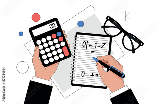 An accounting and finance illustration: featuring hands using a calculator and writing on a notepad with mathematical symbols, accompanied by eyeglasses