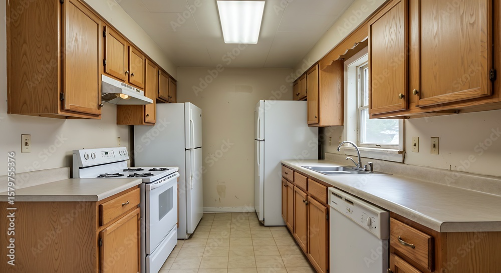 Fototapeta premium A kitchen interior featuring wooden cabinets, white appliances, and a window over the sink, illuminated by a ceiling light.