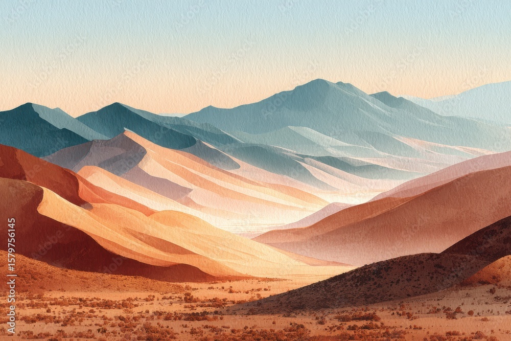 Fototapeta premium A serene desert landscape with layered sand dunes and distant mountains under a calm pastel sky at sunrise or sunset.