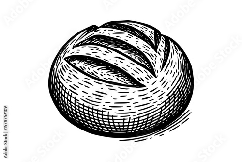 Hand Drawn Sketch Style Vector Round Sourdough Bread Loaf Illustration. Vintage Rustic Bakery Line Art 
