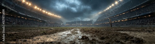 A dramatic rugby stadium under stormy skies, illuminated by stadium lights, with a muddy field and goalposts in the distance.