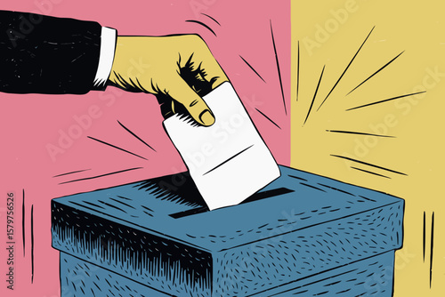A voting illustration: featuring a hand inserting a ballot into a blue ballot box, with a background divided into pink and yellow sections,