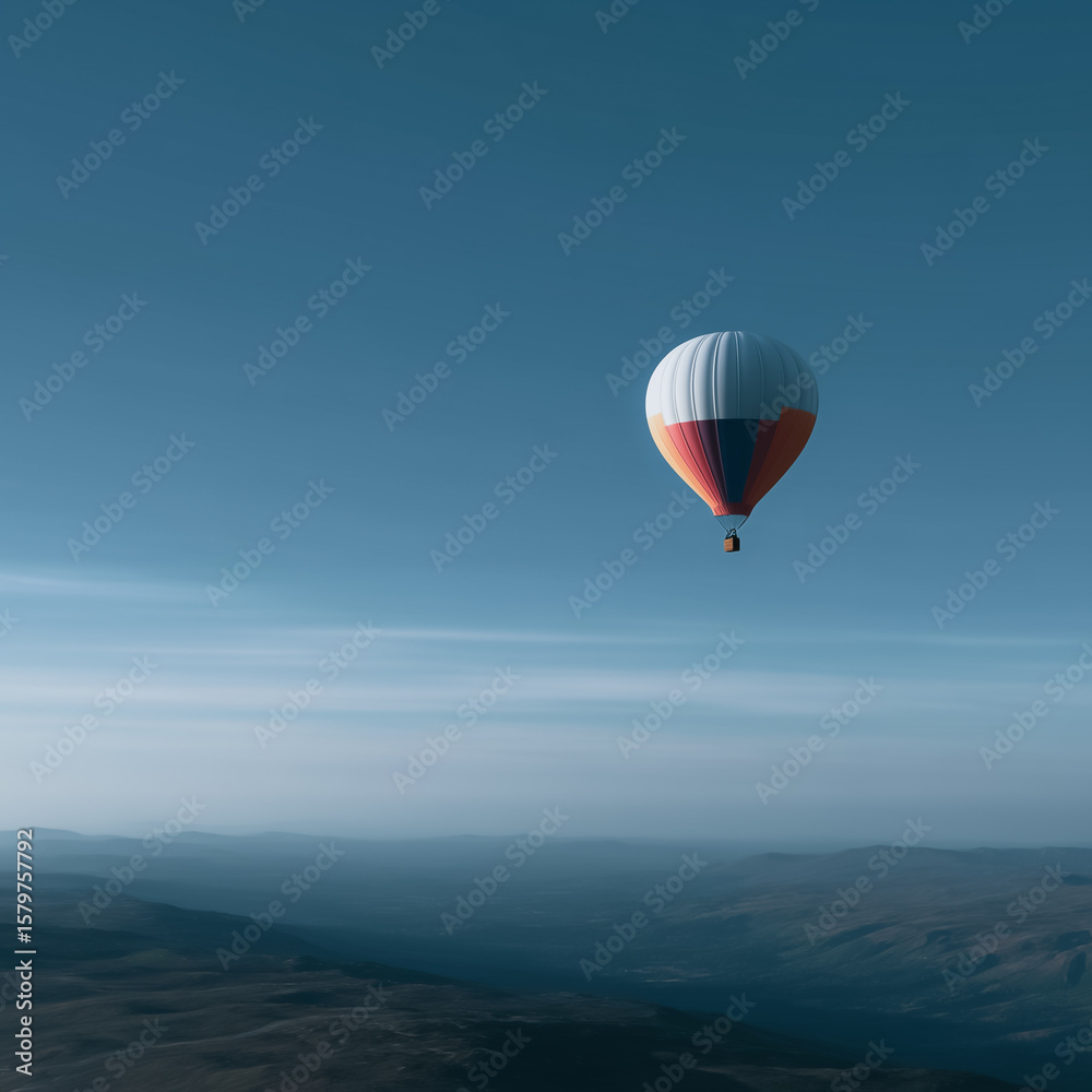 Fototapeta premium Hot Air Balloon Ascent: A colorful hot air balloon floats gracefully against a vast, azure sky, offering a breathtaking aerial perspective of the distant landscape below.