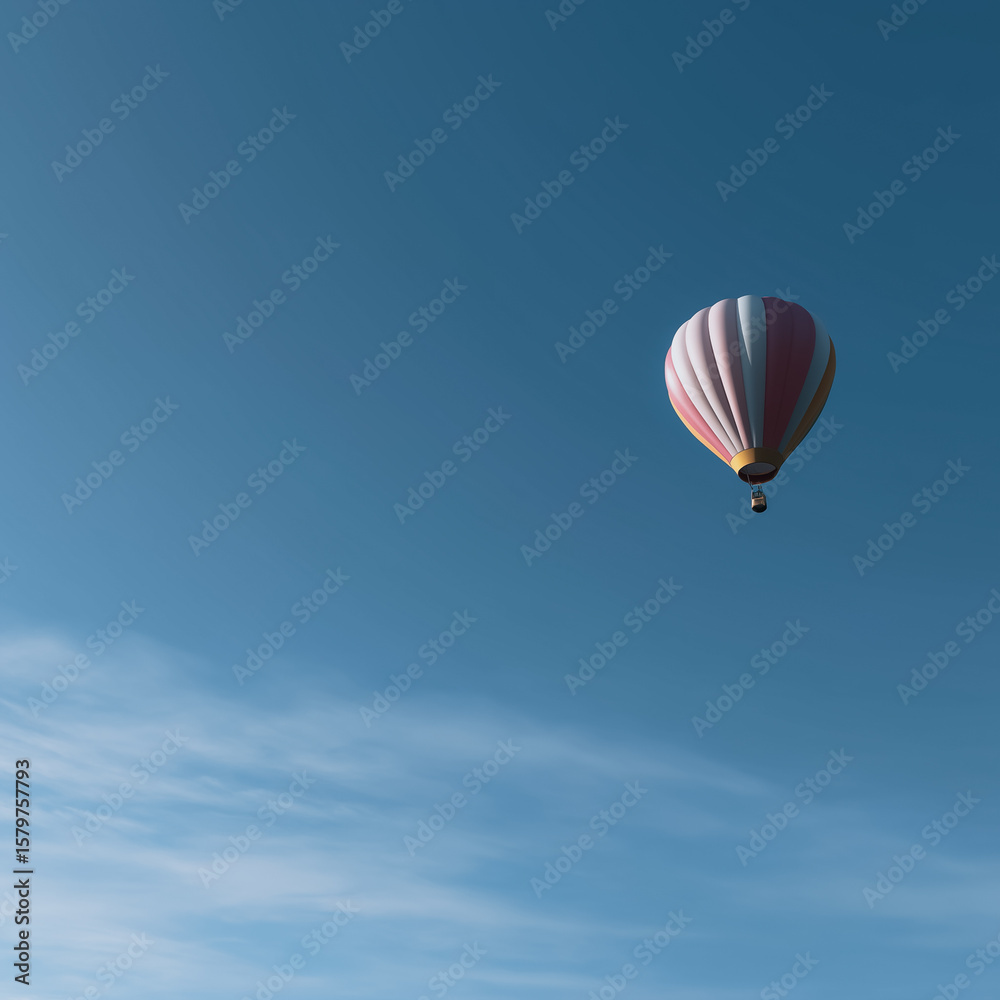 Fototapeta premium Soaring High: A solitary hot air balloon floats majestically against a backdrop of an endless, brilliant blue sky, offering a sense of adventure and freedom.