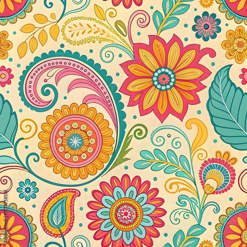 Vibrant paisley pattern with floral and leafy motifs in orange, teal, and pink

