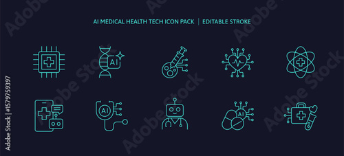 Ai Medical Health Tech icons for future health care innovation technology. DNA genetic, telemedicine, stemcell, biotechnology research and analyze by artificial intelligence tech. Outline icon set.