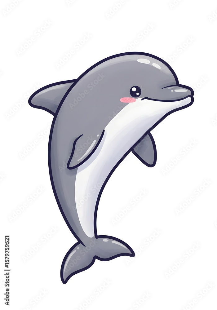Fototapeta premium Cute Cartoon Dolphin Illustration, Smiling and Jumping