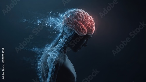 A digital illustration of a human brain and spine dissolving into particles, symbolizing cognitive decline or neurological deterioration.