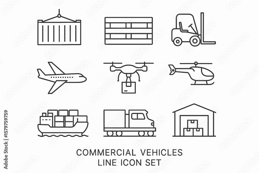 Fototapeta premium Commercial Vehicles Line Icon Set – Thin Linear Vector with Cargo Truck, Forklift, Drone, Plane, Train, Ship and Warehouse Symbols