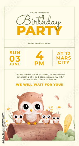 Watercolor birthday party cute owl gift baby girl boy poster template card invitation
