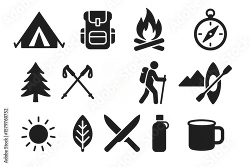Camping and Outdoor Adventure Icons Set – Black Silhouette Vector with Tent, Campfire, Backpack, Kayak, Compass and Hiking Symbols