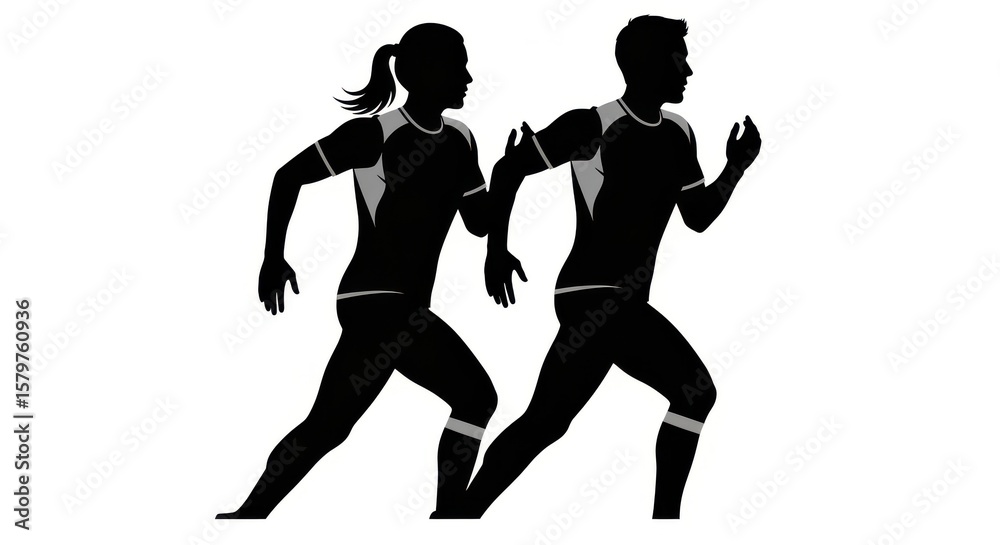 Obraz premium Silhouettes of a man and woman running together in athletic wear isolated on white background