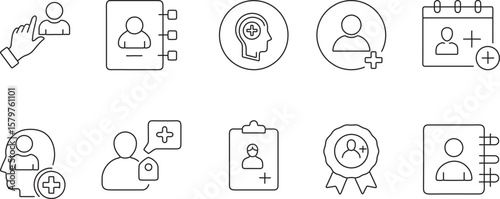 User Add, Contact Profile, Member Signup, Talent Selection, Account Register – Vector Line Icons for User Interface & CRM Tools