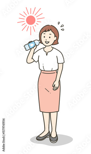 猛暑に炎天下で水分補給をする若い女性の全身イラスト
