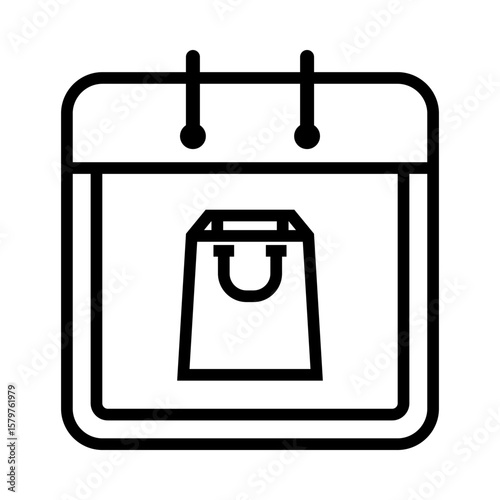 Icon of a calendar with a shopping bag in the center, symbolizing a scheduled shopping day or retail event.