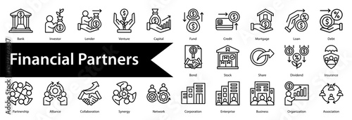Financial Partners Icon Collection and Set Containing: Bank,Investor,Lender,Venture,Capital,Fund,Credit,Mortgage,Loan,Debt,Bond,Stock,Share,Dividend,Insurance,Production,Supplier,Vendor,Manufacturer