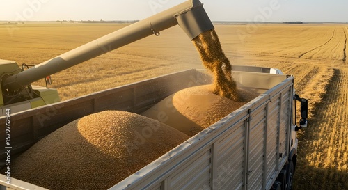 Harvesting machine filling a truck with grain in a field on a sunny day during the harvest season efficiency in modern agriculture efficiency in modern agriculture