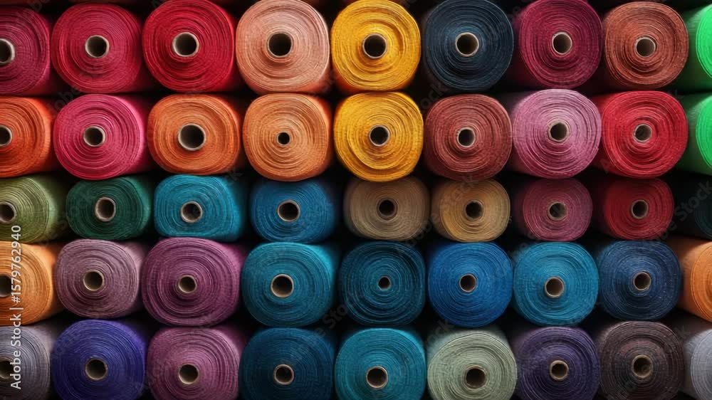 Colorful yarn spool rolls stacked in rows displaying vibrant textile threads and fabric in various shades, perfect for craft, sewing, and material projects with organized thread rolls