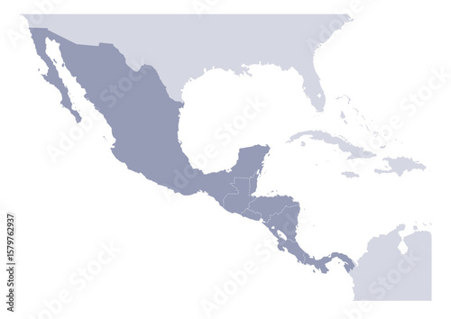 グレー色の中央アメリカの行政区分地図　（Map of Central America）
