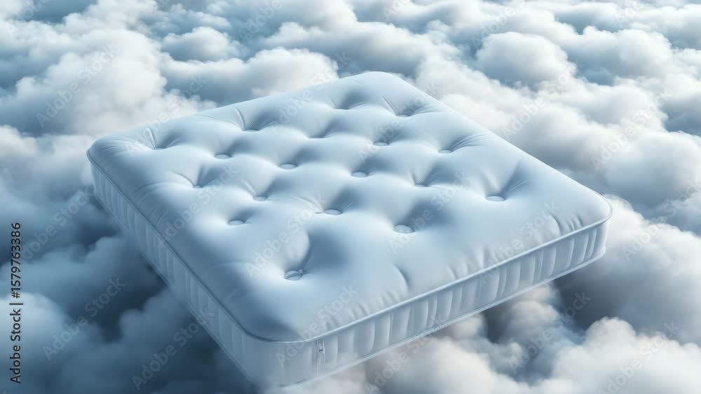 Soft mattress floating above fluffy cloud layer with cushion bedding, dreamy texture, and soft comfort for peaceful sleep and ultimate relaxation in bedroom accessory environment