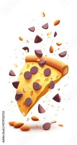 Pizza slice with chocolate chips and nuts in motion