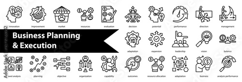 Business Planning & Execution Icon Collection and Set Containing: challenge,execution,business,weaknesses,goal,priority,value chain,insight,risk,progress,solution,opportunity,efficiency,focus,impact