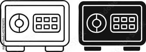 Modern safe icon with digital keypad and rotary dial in outline and solid styles