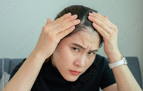 Cropped shot view of Asian woman worrying about her forehead with part of her thin hair, she had hair loss problem. Female pattern hair loss can progress from a widening part to overall thinning.
