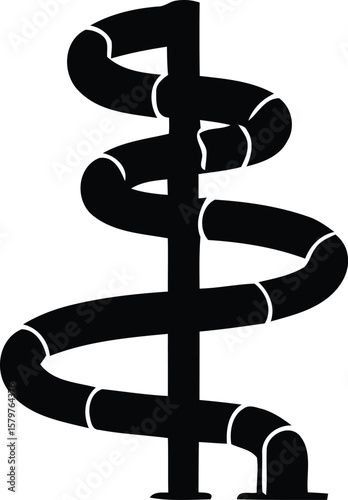 Black silhouette of a spiral water slide with a central support structure