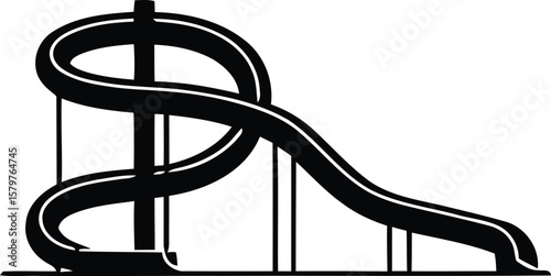 Black silhouette of a water slide with curves and supports against a white background