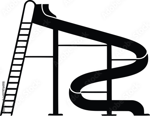 Black silhouette of a spiral water slide with a ladder against a white background