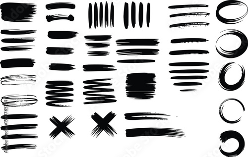 brush strokes set with various grunge paint lines, circles, and textures. black ink vector collection of hand-drawn smudges and shapes for artistic design elements.