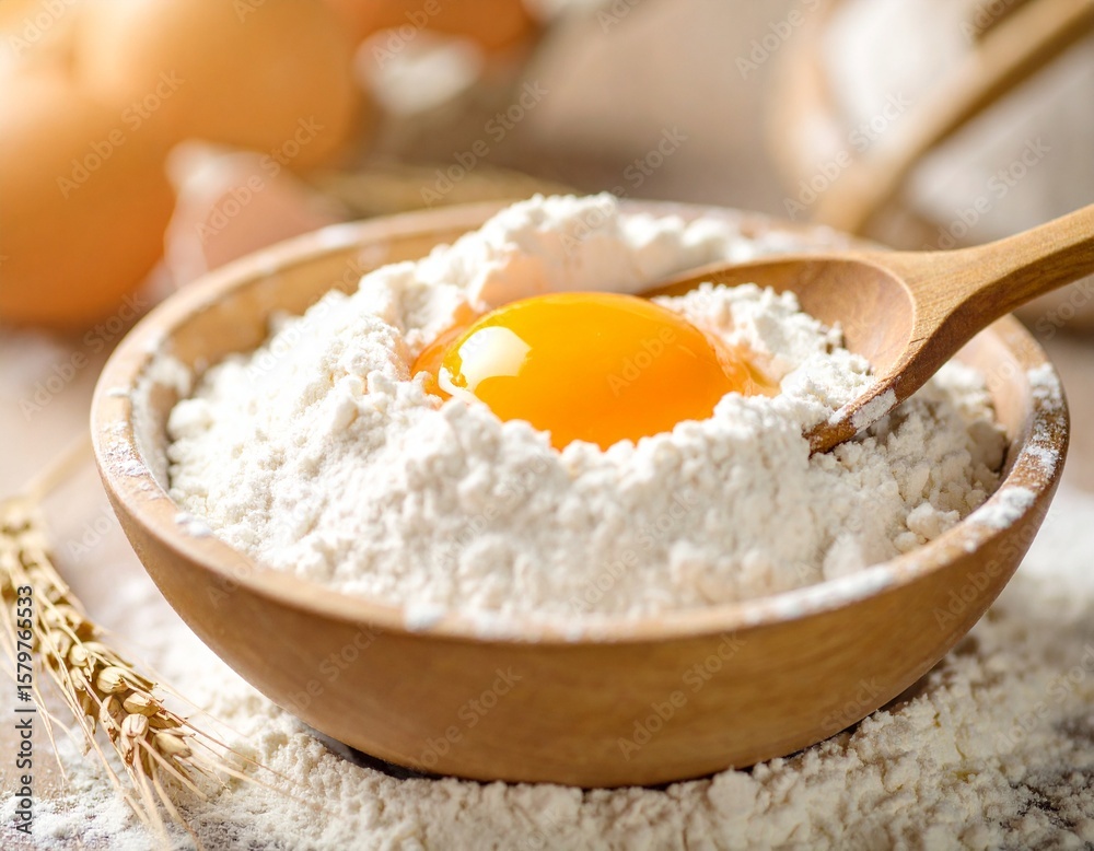 밀가루 위에 올려진 신선한 계란 노른자 Fresh Egg Yolk on Flour in Wooden Bowl 밀가루 위에 올려진 신선한 계란 노른자 Fresh Egg Yolk on Flour in Wooden Bowl