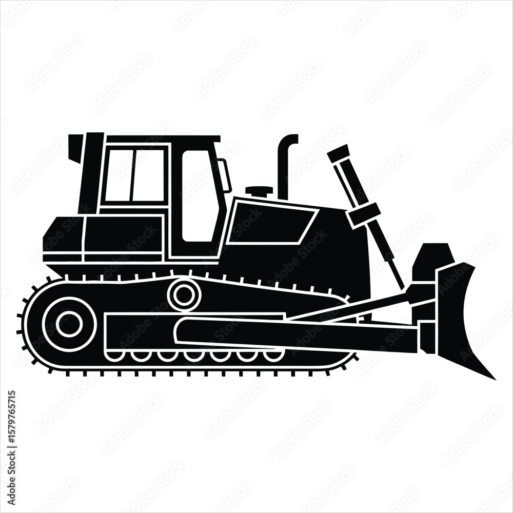 Naklejka premium Black Silhouette Bulldozer Construction Vehicle on White Background