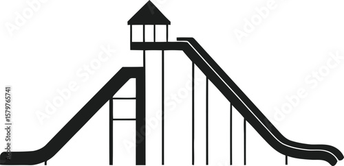 Black silhouette of a tall water slide with two chutes and a platform