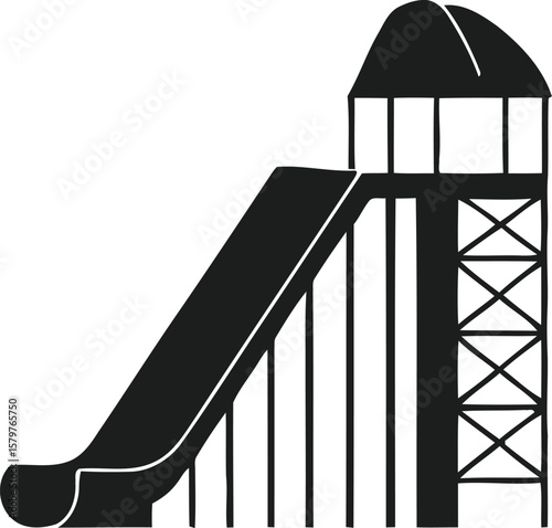 Black silhouette of a tall water slide with a curved exit on a white background
