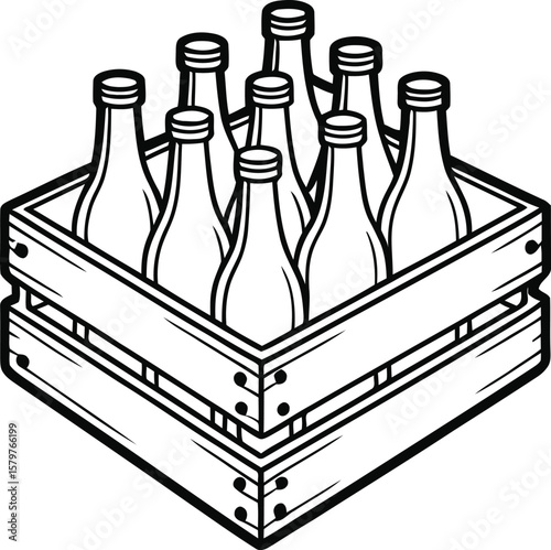 Black and white illustration of a wooden crate filled with glass bottles