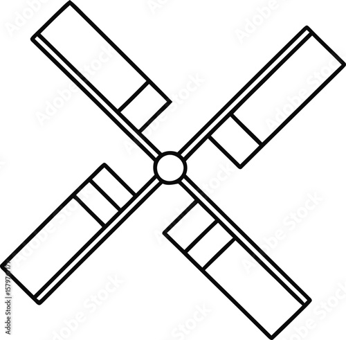 Stylized black outline drawing of a four bladed windmill rotor on a white background